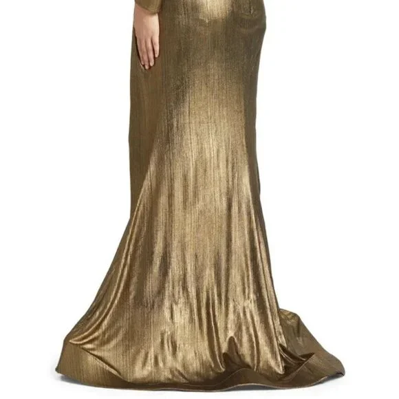 Mac Duggal Bronze Metallic Long Sleeve Faux Wrap Gown